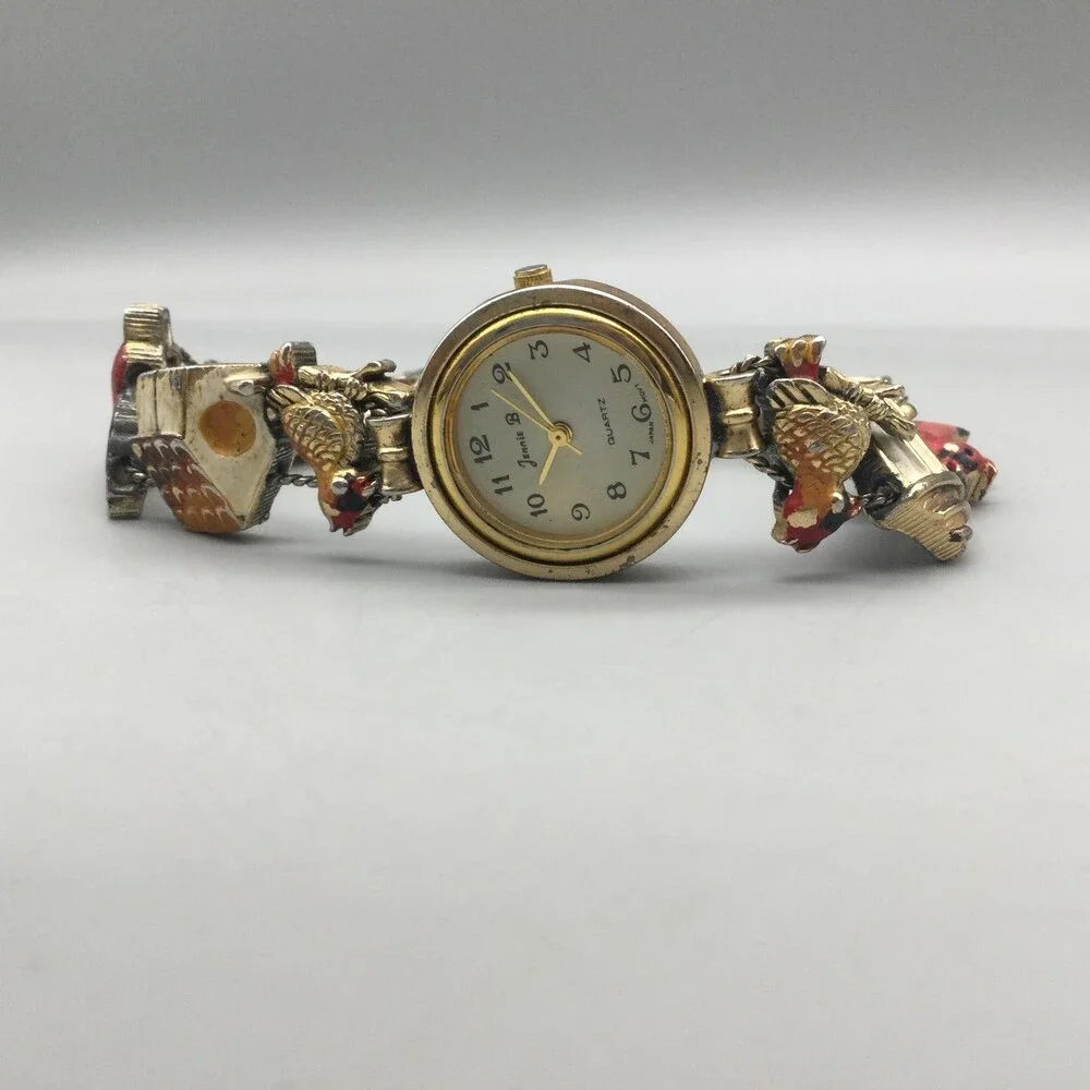 Vintage Jennie B Womens Watch 24mm Birdhouse Birds Slide Charm New Battery 7.75" - Picture 2 of 14